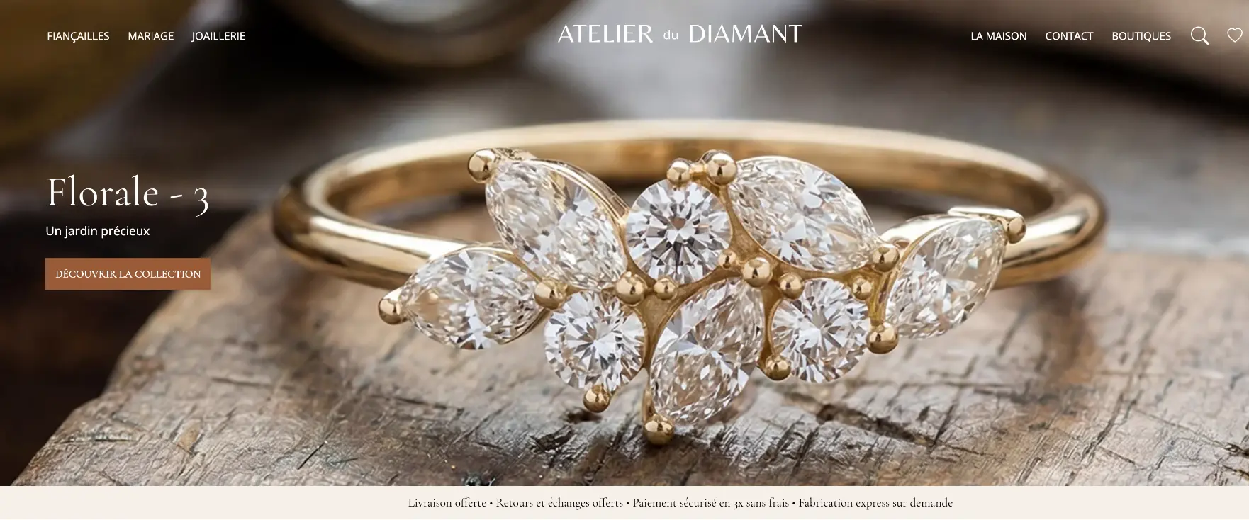 Aperçu du site Atelier du Diamant et de sa collection de bagues